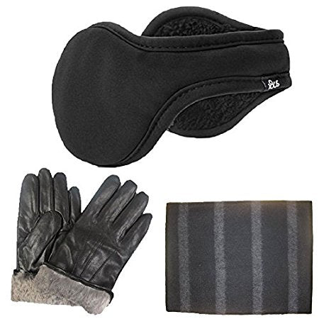 Mens Rabbit Fur Lined Leather Glove  100% Cashmere Scarf  180s Ear Warmer Set