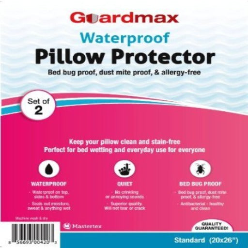 Guardmax - Bedbug Proof/Waterproof Pillow Protector - Zippered Style - Set of 2 - Quiet! - Standard Size (20'x26')