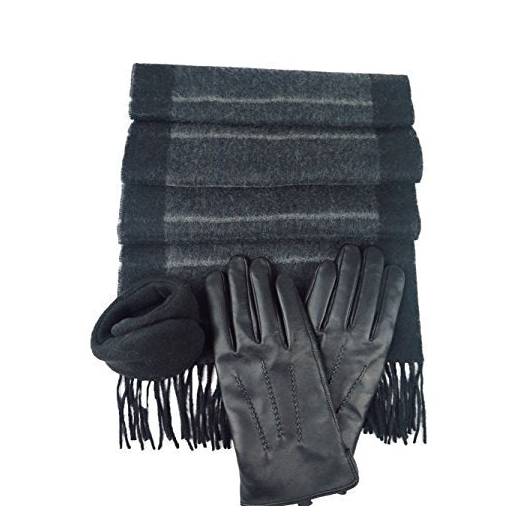 Men's Black Leather Glove With Rabbit Fur 100% Cashmere Scarf & 180s Ear Warmer Set