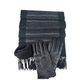 Men's Black Leather Glove With Rabbit Fur 100% Cashmere Scarf & 180s Ear Warmer Set