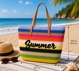 Rainbow Striped Straw Beach Tote Bag – Large Summer Shoulder Bag