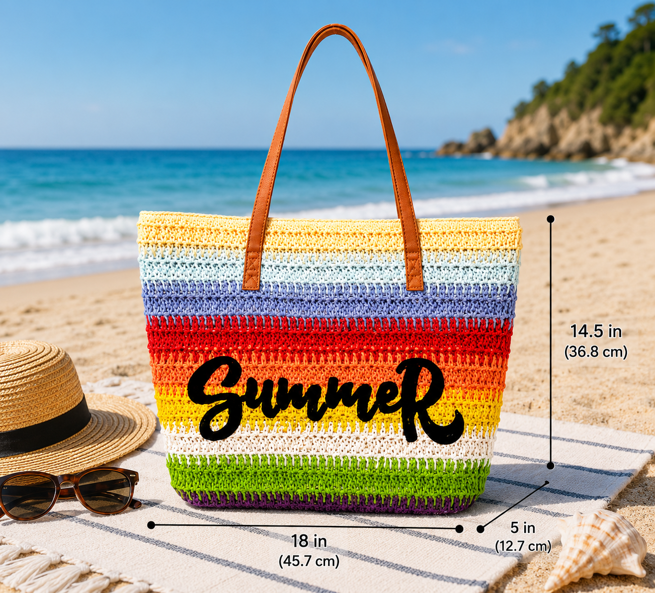 Rainbow Striped Straw Beach Tote Bag – Large Summer Shoulder Bag