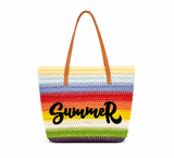 Rainbow Striped Straw Beach Tote Bag – Large Summer Shoulder Bag