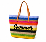 Rainbow Striped Straw Beach Tote Bag – Large Summer Shoulder Bag