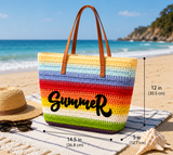 Rainbow Striped Straw Beach Tote Bag – Summer Shoulder Bag