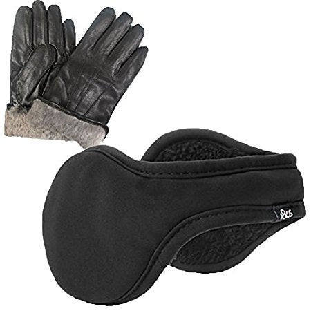 Men's Rabbit Fur Lined Genuine Black Leather Gloves 180s Ear Warmer Set