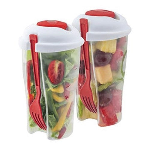 Convenient Portable Red salad Container Set with Fork and Dressing Cup 2 Pack